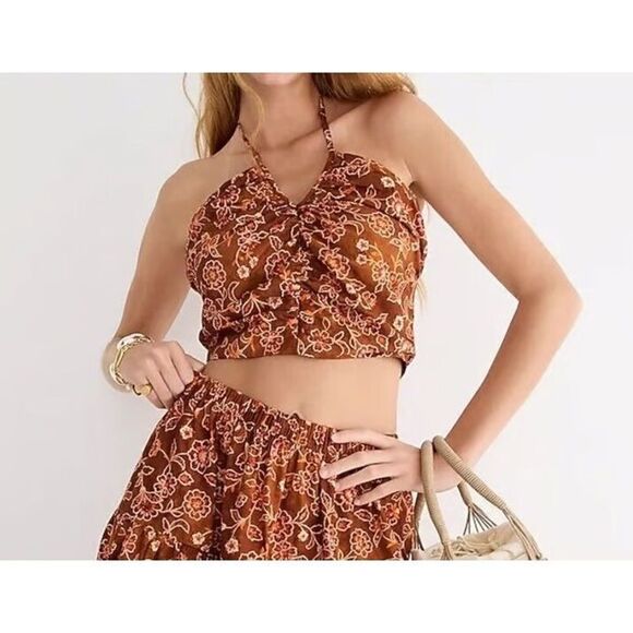 NWT J Crew Cropped Halter Top Brown Vintage Vines Floral Print Size 6 - Picture 3 of 11